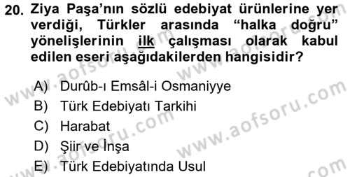Halk Edebiyatına Giriş 1 Dersi Ara Sınavı Deneme Sınav Soruları 20. Soru