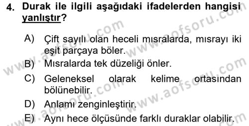 Halk Edebiyatına Giriş 1 Dersi Ara Sınavı Deneme Sınav Soruları 4. Soru