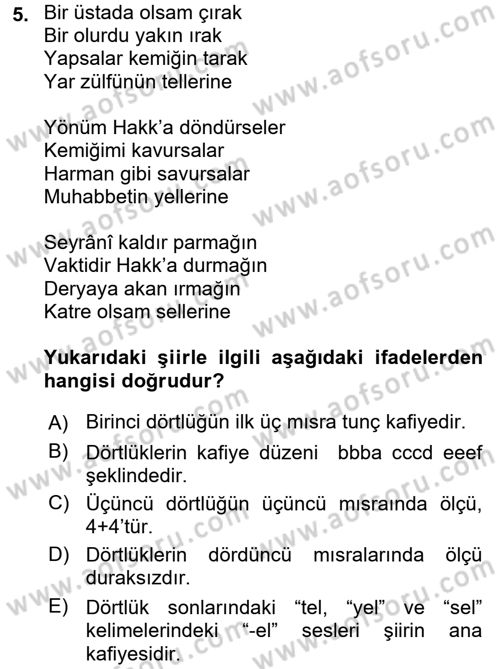 Halk Edebiyatına Giriş 1 Dersi Ara Sınavı Deneme Sınav Soruları 5. Soru