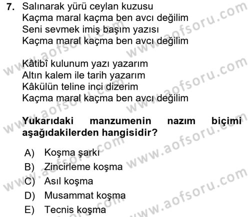 Halk Edebiyatına Giriş 1 Dersi Ara Sınavı Deneme Sınav Soruları 7. Soru