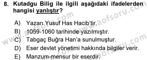 Halk Edebiyatına Giriş 1 Dersi Ara Sınavı Deneme Sınav Soruları 8. Soru