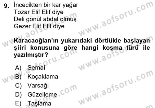 Halk Edebiyatına Giriş 1 Dersi Ara Sınavı Deneme Sınav Soruları 9. Soru