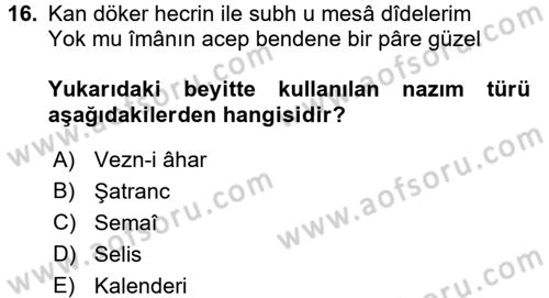 Halk Edebiyatına Giriş 1 Dersi 2017 - 2018 Yılı (Vize) Ara Sınav Soruları 16. Soru