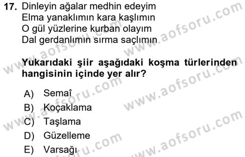 Halk Edebiyatına Giriş 1 Dersi 2017 - 2018 Yılı (Vize) Ara Sınav Soruları 17. Soru