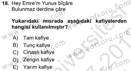 Halk Edebiyatına Giriş 1 Dersi Ara Sınavı Deneme Sınav Soruları 18. Soru