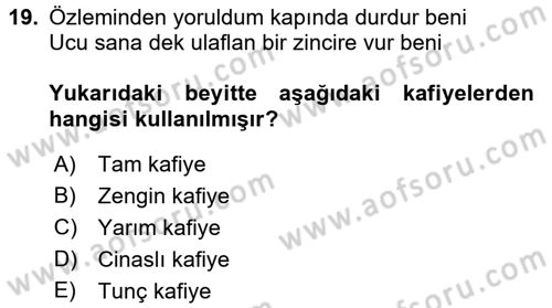 Halk Edebiyatına Giriş 1 Dersi Ara Sınavı Deneme Sınav Soruları 19. Soru