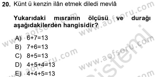 Halk Edebiyatına Giriş 1 Dersi Ara Sınavı Deneme Sınav Soruları 20. Soru