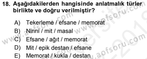 Halk Edebiyatına Giriş 1 Dersi 2017 - 2018 Yılı (Final) Dönem Sonu Sınav Soruları 18. Soru