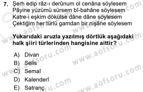 Halk Edebiyatına Giriş 1 Dersi 2017 - 2018 Yılı (Final) Dönem Sonu Sınav Soruları 7. Soru