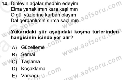 Halk Edebiyatına Giriş 1 Dersi Ara Sınavı Deneme Sınav Soruları 14. Soru