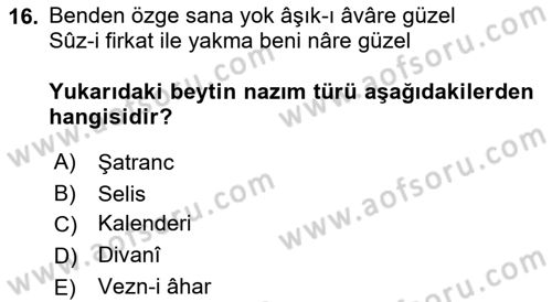Halk Edebiyatına Giriş 1 Dersi Ara Sınavı Deneme Sınav Soruları 16. Soru