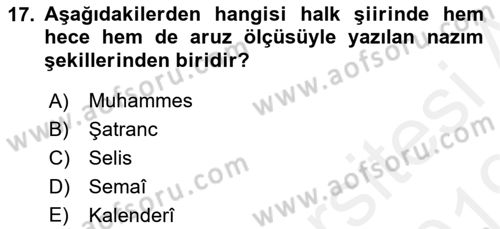 Halk Edebiyatına Giriş 1 Dersi Ara Sınavı Deneme Sınav Soruları 17. Soru