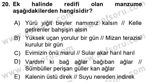 Halk Edebiyatına Giriş 1 Dersi Ara Sınavı Deneme Sınav Soruları 20. Soru