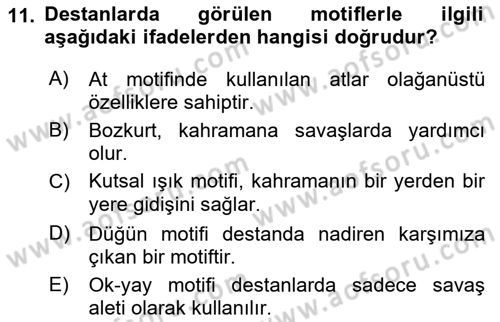 Halk Edebiyatına Giriş 1 Dersi 2018 - 2019 Yılı (Final) Dönem Sonu Sınav Soruları 11. Soru