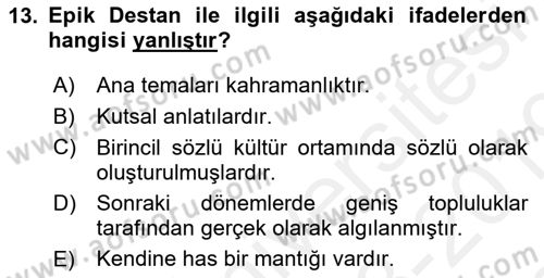 Halk Edebiyatına Giriş 1 Dersi 2018 - 2019 Yılı (Final) Dönem Sonu Sınav Soruları 13. Soru