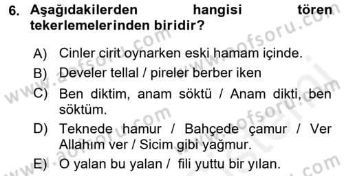 Halk Edebiyatına Giriş 1 Dersi 2018 - 2019 Yılı (Final) Dönem Sonu Sınav Soruları 6. Soru