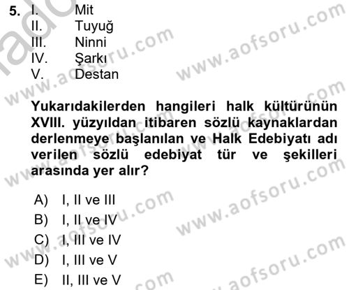 Halk Edebiyatına Giriş 1 Dersi 2018 - 2019 Yılı Yaz Okulu Sınav Soruları 5. Soru