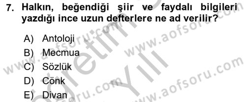 Halk Edebiyatına Giriş 1 Dersi 2018 - 2019 Yılı Yaz Okulu Sınav Soruları 7. Soru