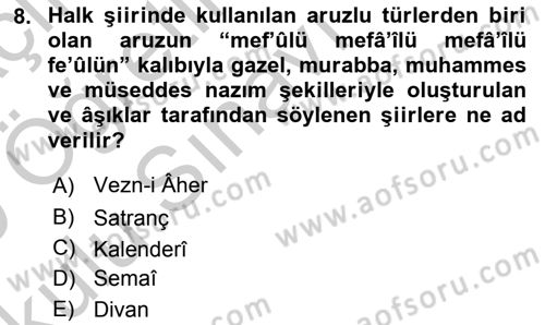 Halk Edebiyatına Giriş 1 Dersi 2018 - 2019 Yılı Yaz Okulu Sınav Soruları 8. Soru