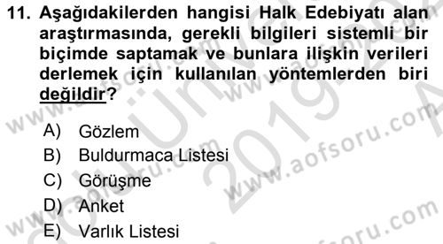 Halk Edebiyatına Giriş 1 Dersi Ara Sınavı Deneme Sınav Soruları 11. Soru