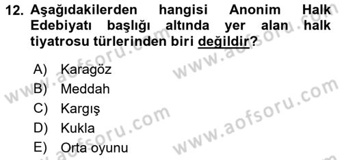 Halk Edebiyatına Giriş 1 Dersi 2019 - 2020 Yılı (Vize) Ara Sınav Soruları 12. Soru