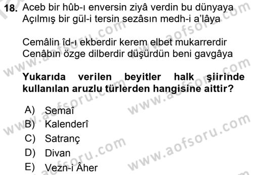 Halk Edebiyatına Giriş 1 Dersi Ara Sınavı Deneme Sınav Soruları 18. Soru