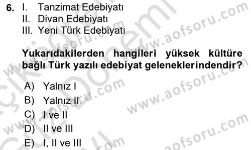 Halk Edebiyatına Giriş 1 Dersi Ara Sınavı Deneme Sınav Soruları 6. Soru