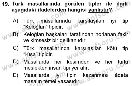 Halk Edebiyatına Giriş 1 Dersi 2020 - 2021 Yılı Yaz Okulu Sınav Soruları 19. Soru