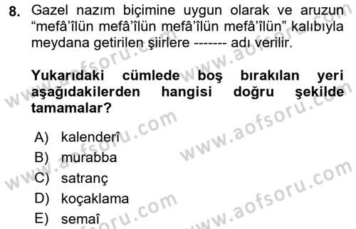 Halk Edebiyatına Giriş 1 Dersi 2020 - 2021 Yılı Yaz Okulu Sınav Soruları 8. Soru