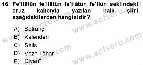 Halk Edebiyatına Giriş 1 Dersi Ara Sınavı Deneme Sınav Soruları 16. Soru