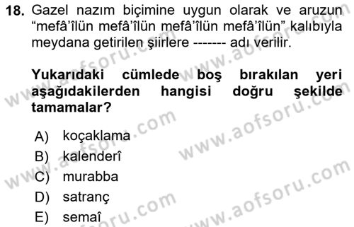 Halk Edebiyatına Giriş 1 Dersi Ara Sınavı Deneme Sınav Soruları 18. Soru