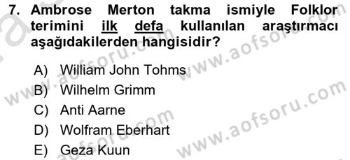 Halk Edebiyatına Giriş 1 Dersi Ara Sınavı Deneme Sınav Soruları 7. Soru