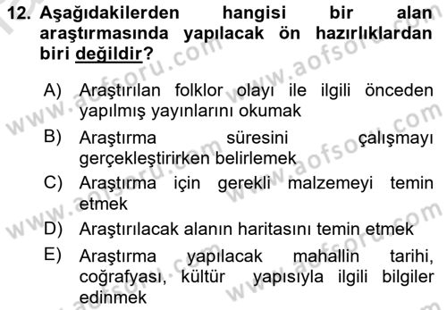 Halk Edebiyatına Giriş 1 Dersi Ara Sınavı Deneme Sınav Soruları 12. Soru