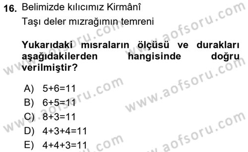 Halk Edebiyatına Giriş 1 Dersi Ara Sınavı Deneme Sınav Soruları 16. Soru