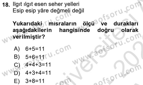 Halk Edebiyatına Giriş 1 Dersi Ara Sınavı Deneme Sınav Soruları 18. Soru