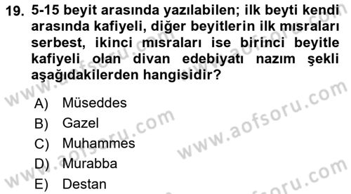 Halk Edebiyatına Giriş 1 Dersi Ara Sınavı Deneme Sınav Soruları 19. Soru