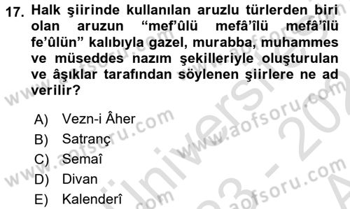 Halk Edebiyatına Giriş 1 Dersi Ara Sınavı Deneme Sınav Soruları 17. Soru
