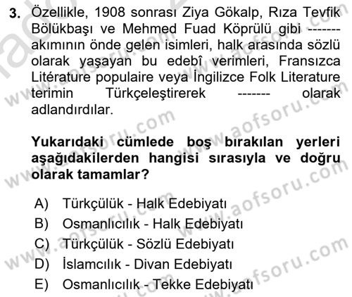 Halk Edebiyatına Giriş 1 Dersi Ara Sınavı Deneme Sınav Soruları 3. Soru