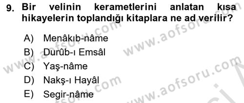 Halk Edebiyatına Giriş 1 Dersi Ara Sınavı Deneme Sınav Soruları 9. Soru