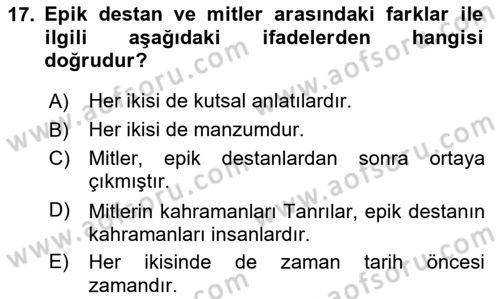 Halk Edebiyatına Giriş 1 Dersi 2023 - 2024 Yılı Yaz Okulu Sınav Soruları 17. Soru