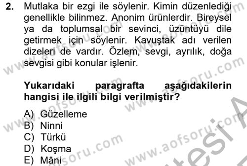 Halk Edebiyatına Giriş 2 Dersi 2012 - 2013 Yılı (Vize) Ara Sınav Soruları 2. Soru