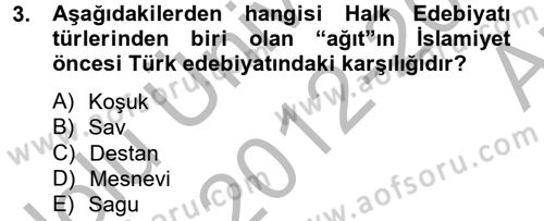 Halk Edebiyatına Giriş 2 Dersi 2012 - 2013 Yılı (Vize) Ara Sınav Soruları 3. Soru