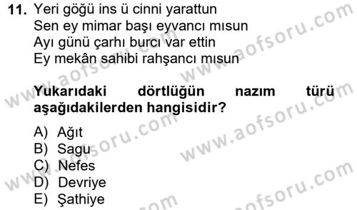 Halk Edebiyatına Giriş 2 Dersi 2012 - 2013 Yılı (Final) Dönem Sonu Sınav Soruları 11. Soru