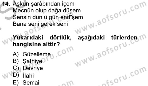 Halk Edebiyatına Giriş 2 Dersi 2012 - 2013 Yılı (Final) Dönem Sonu Sınav Soruları 14. Soru