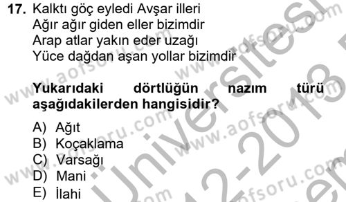 Halk Edebiyatına Giriş 2 Dersi 2012 - 2013 Yılı (Final) Dönem Sonu Sınav Soruları 17. Soru