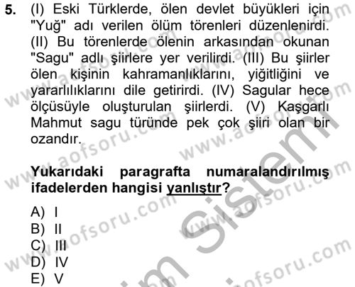 Halk Edebiyatına Giriş 2 Dersi 2012 - 2013 Yılı (Final) Dönem Sonu Sınav Soruları 5. Soru