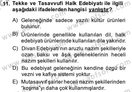 Halk Edebiyatına Giriş 2 Dersi 2013 - 2014 Yılı (Final) Dönem Sonu Sınav Soruları 11. Soru