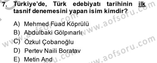 Halk Edebiyatına Giriş 2 Dersi 2013 - 2014 Yılı (Final) Dönem Sonu Sınav Soruları 7. Soru