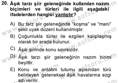 Halk Edebiyatına Giriş 2 Dersi 2014 - 2015 Yılı (Final) Dönem Sonu Sınav Soruları 20. Soru
