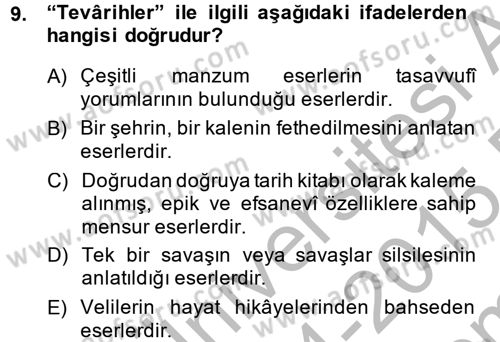 Halk Edebiyatına Giriş 2 Dersi 2014 - 2015 Yılı (Final) Dönem Sonu Sınav Soruları 9. Soru